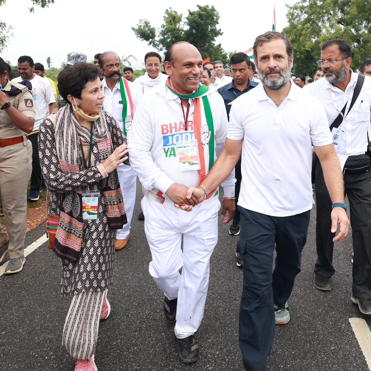 Congress leaders and supporters marching in the Bharat Jodo Yatra