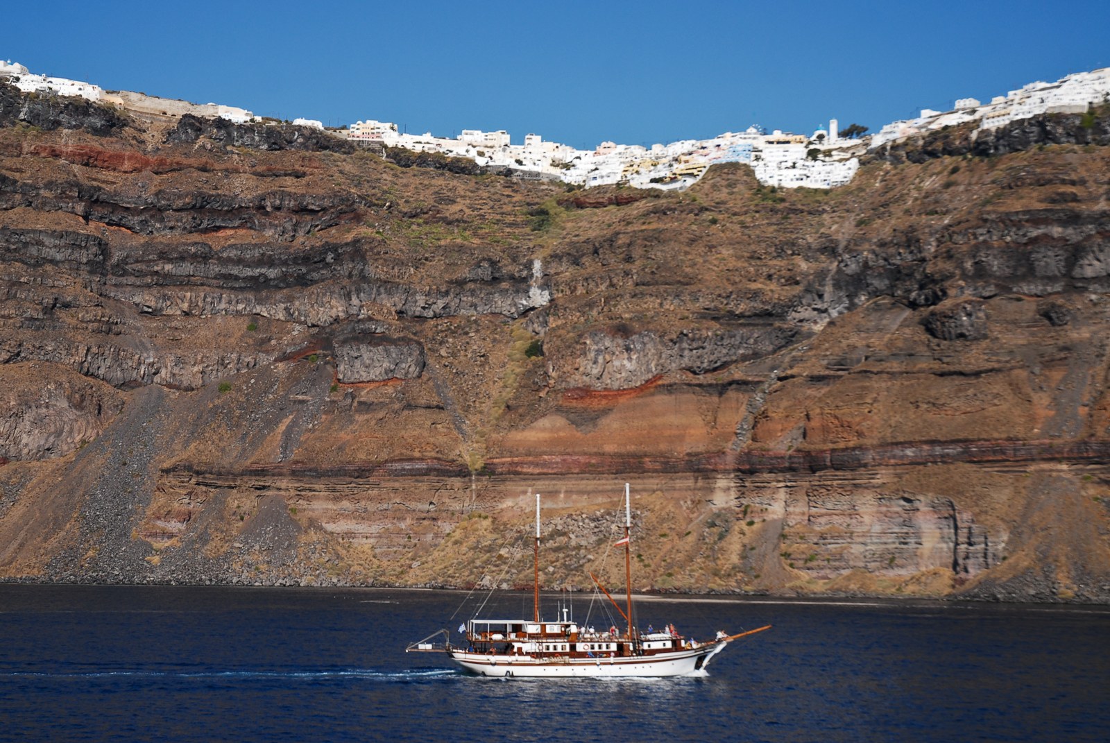 Santorini coastline with a boat on the Aegean Sea